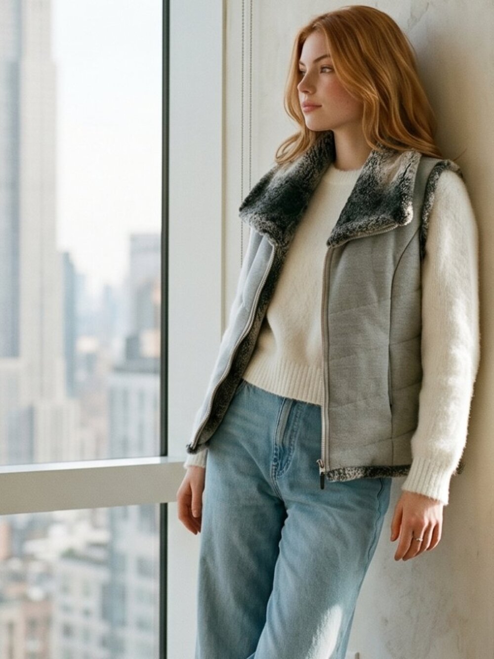 Vintage Dollhouse Super Soft Tonal Faux Fur Gray Vest Women's XL Like New!